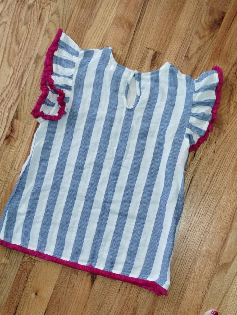 THML Blue and White Striped Flutter Sleeve Top with Pink Trim - Picture 6 of 7